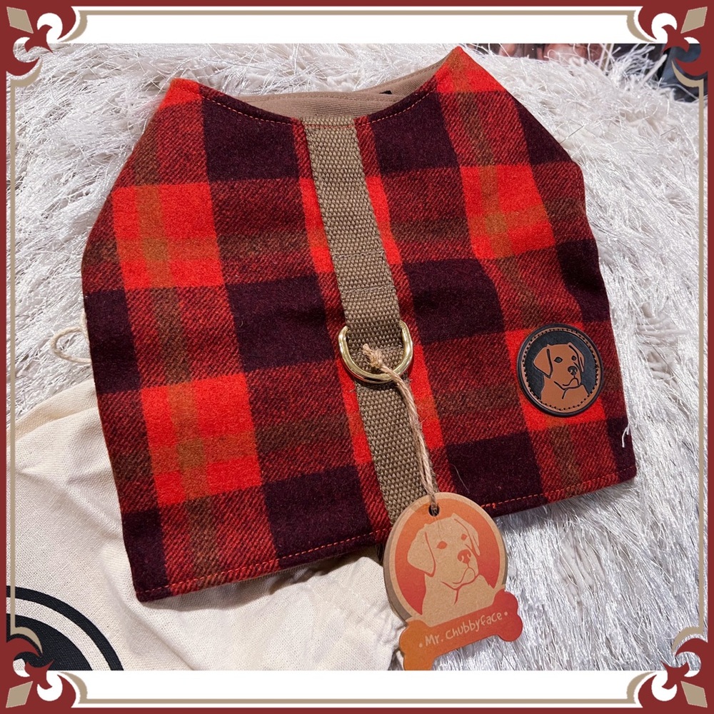 S Mr.Chubbyface No-Pull Buffalo Check Dog Harness Wool Adjustable Plaid Pet Vest